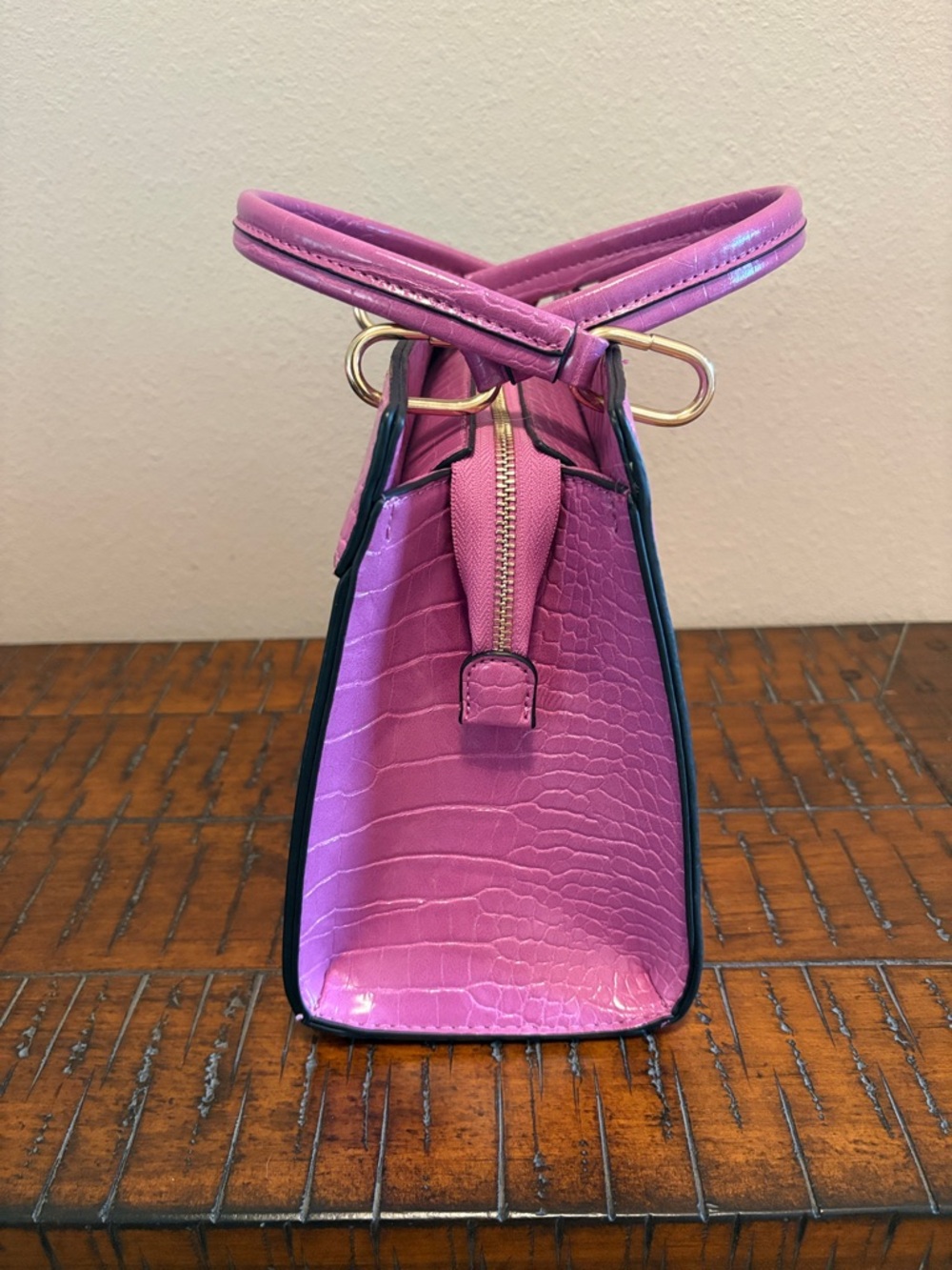 Structured Croc-Embossed Satchel in Light Purple - Picture 3 of 6